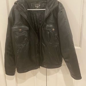 Reportage - rider’s jacket with a hoodie - faux leather - size L - black color